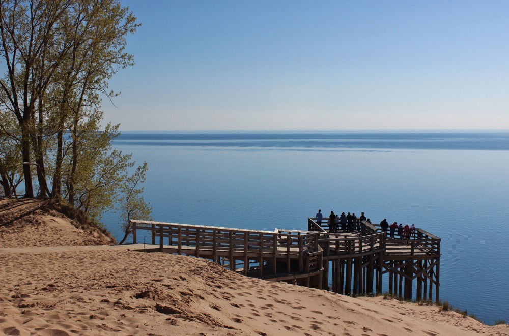 Sleeping Bear Dunes Overlook with clear blue skies, Pure Michigan