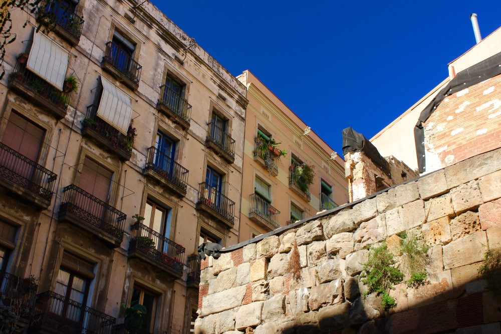 Barcelona's Gothic Quarter architecture with blue skies