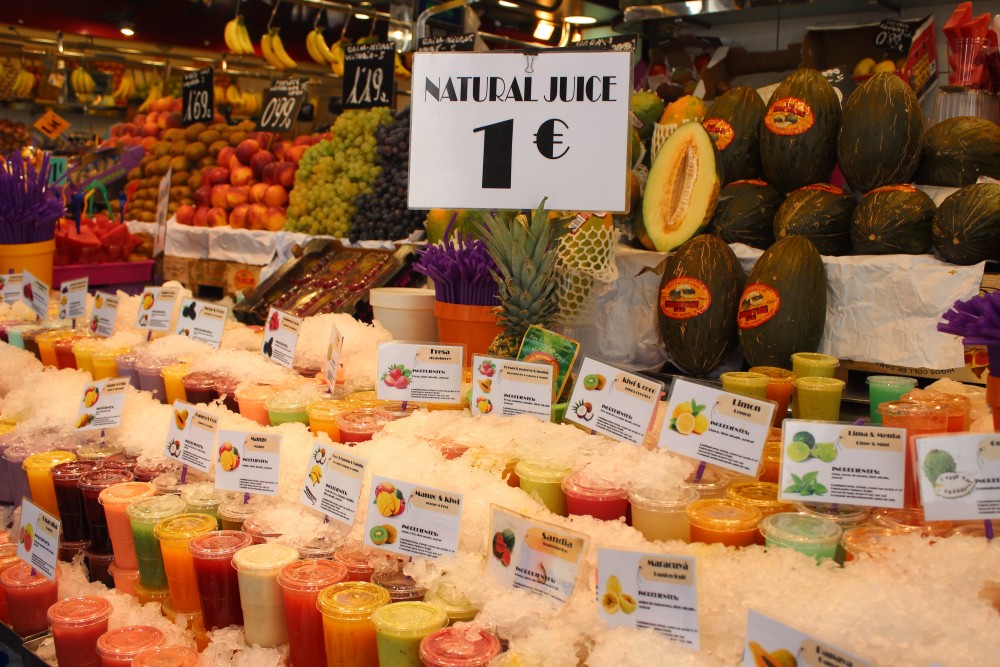 Natural Juice displayed on ice at La Boqueria in Barcelona, Spain