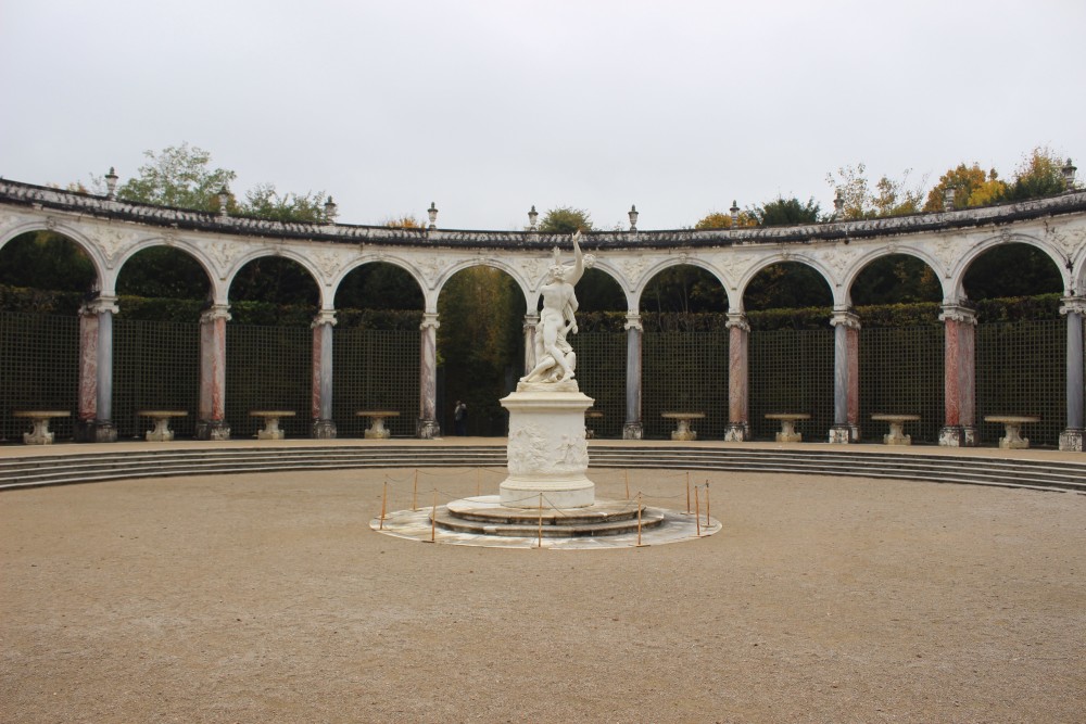 Hidden plaza with statue in Versailles gardens