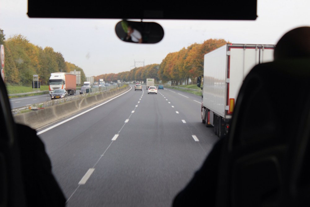 View of road from bus from Paris to Belgium