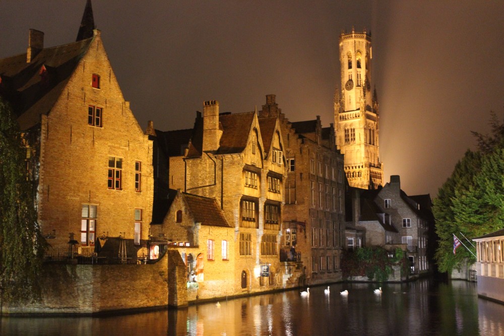 Bruges, Belgium lit up on a slightly foggy night with swans on the canal