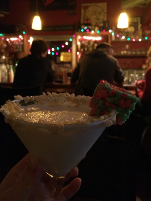 Rice Krispy Martini. The glass is rimmed with rice krispies and a rice krispy treat