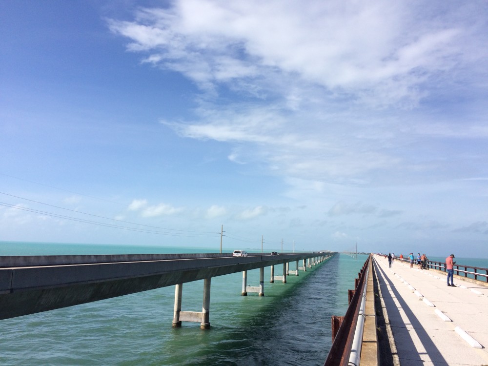 Long Bridge through the Florida keys with blue water and blue sky