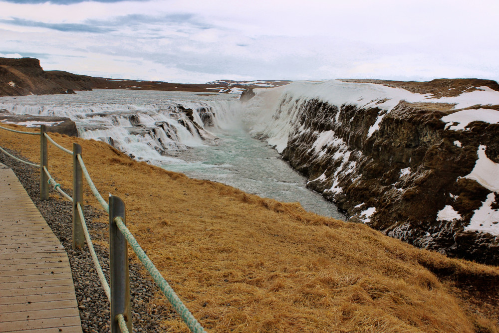 Lower waterfall at Gullfoss covered in snow and ice