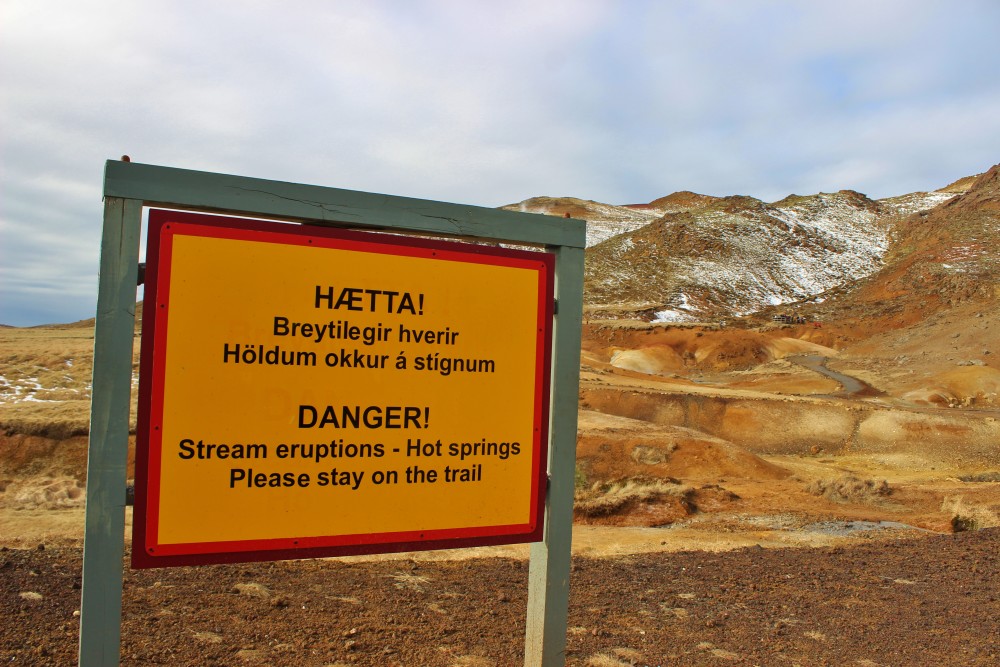 Krýsuvík on Reykjanes Peninsula, "Danger! Steam eruptions - Hot springs - Please stay on the trail"