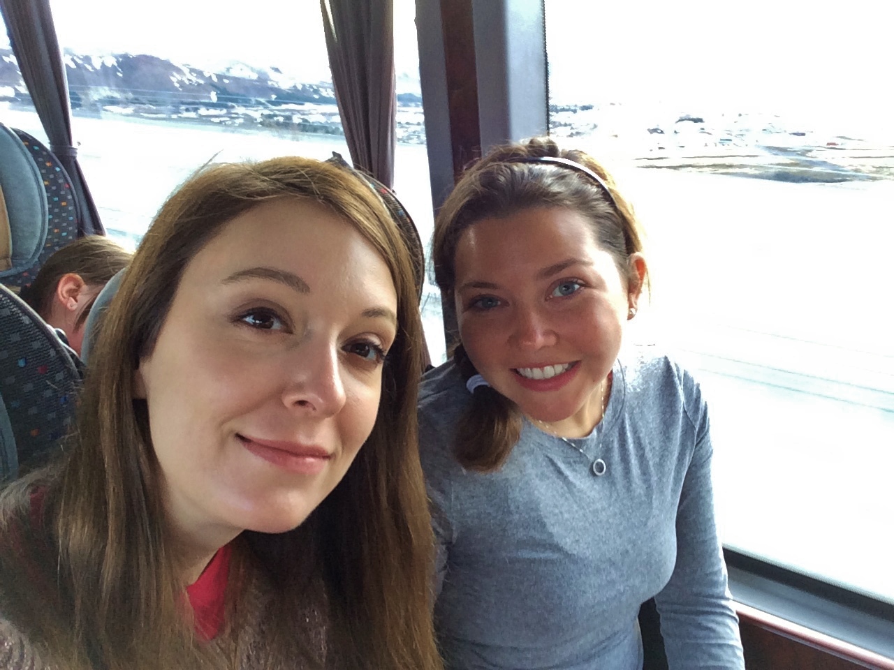 Ashley and Melissa inside the GeoIceland Shuttle Bus during the Golden Circle Tour
