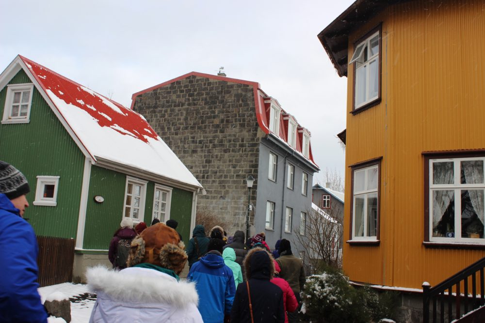 Reykjavik free walking tour walking through historic houses