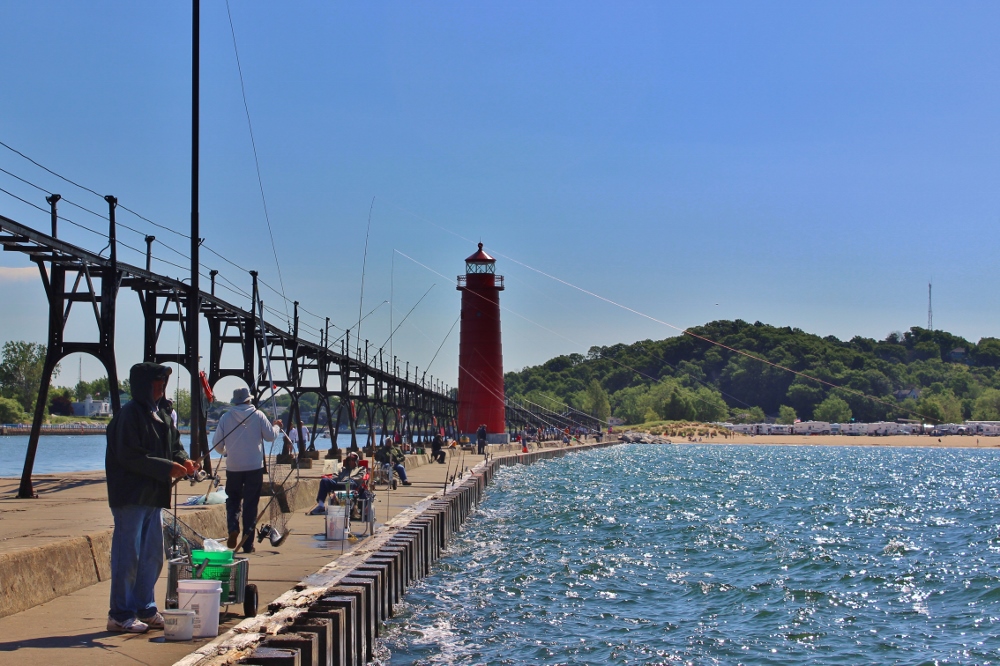 Fishing on the pier in Grand Haven, Michigan