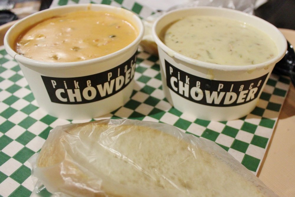 Seattle Eats - Smoked chowder and clam chowder with sourdough bread at Pike Place Chowder